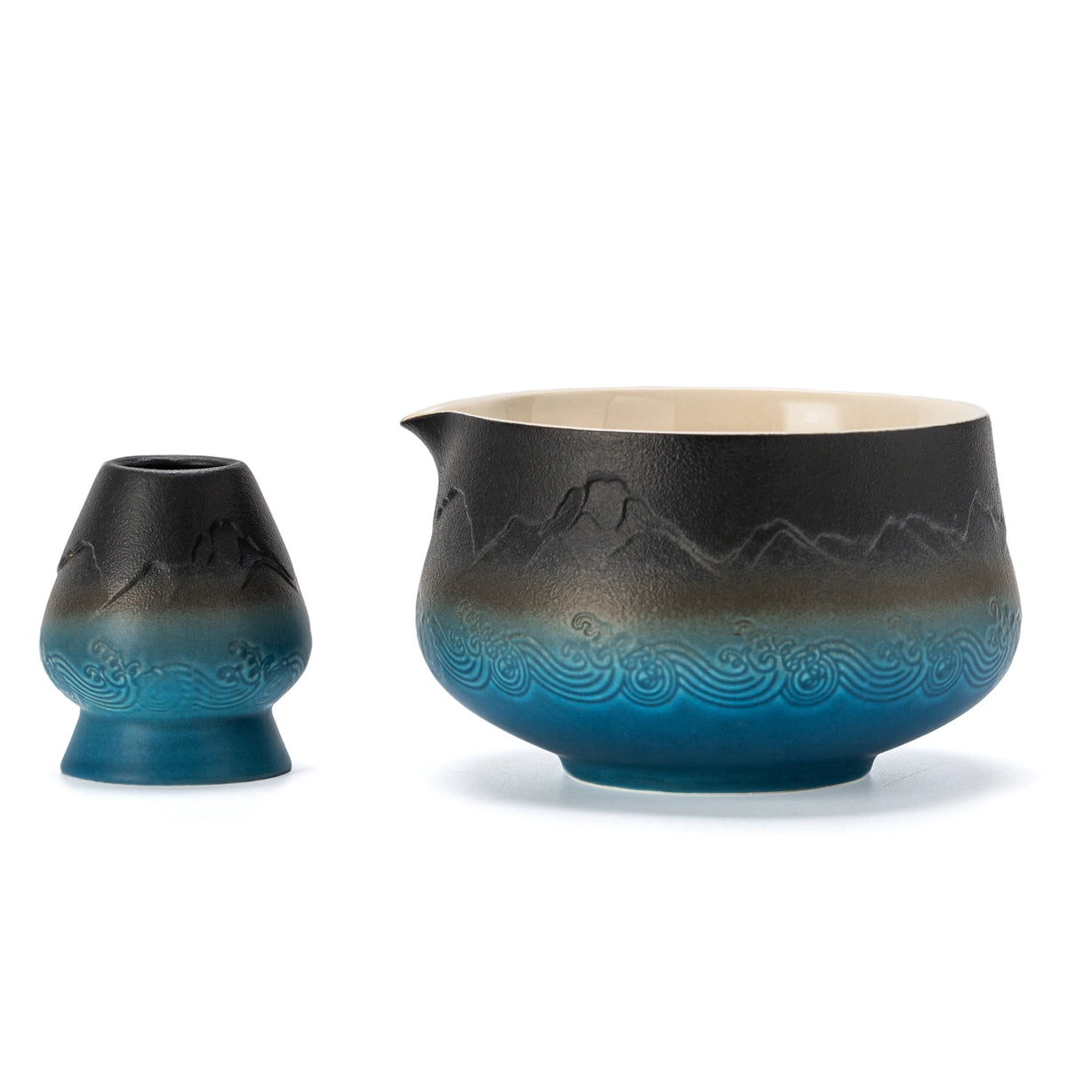 Matcha-Schale mit Schneebesenhalter, schwarz-blaue, spitz zulaufende Schale