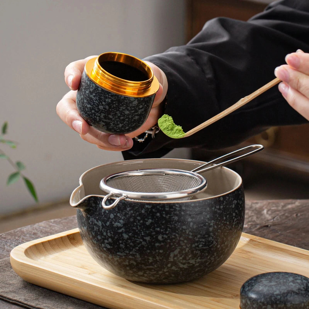 Tea Tin-Celadon Ceramic Tea Canister for Matcha Powder 18g Obsidian