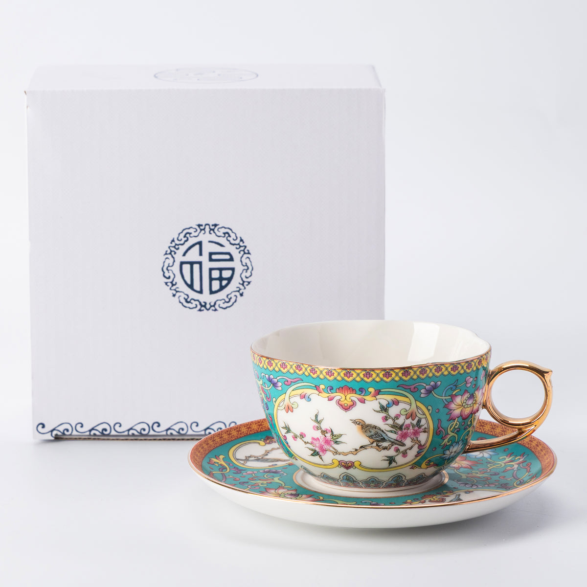 Celadon Bird & Blossom Porcelain Coffee Mug & Saucer