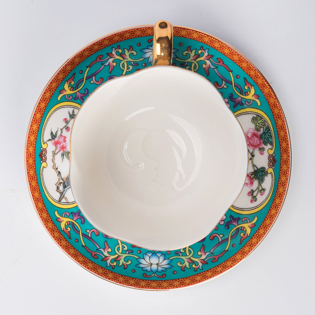 Celadon Bird & Blossom Porcelain Coffee Mug & Saucer