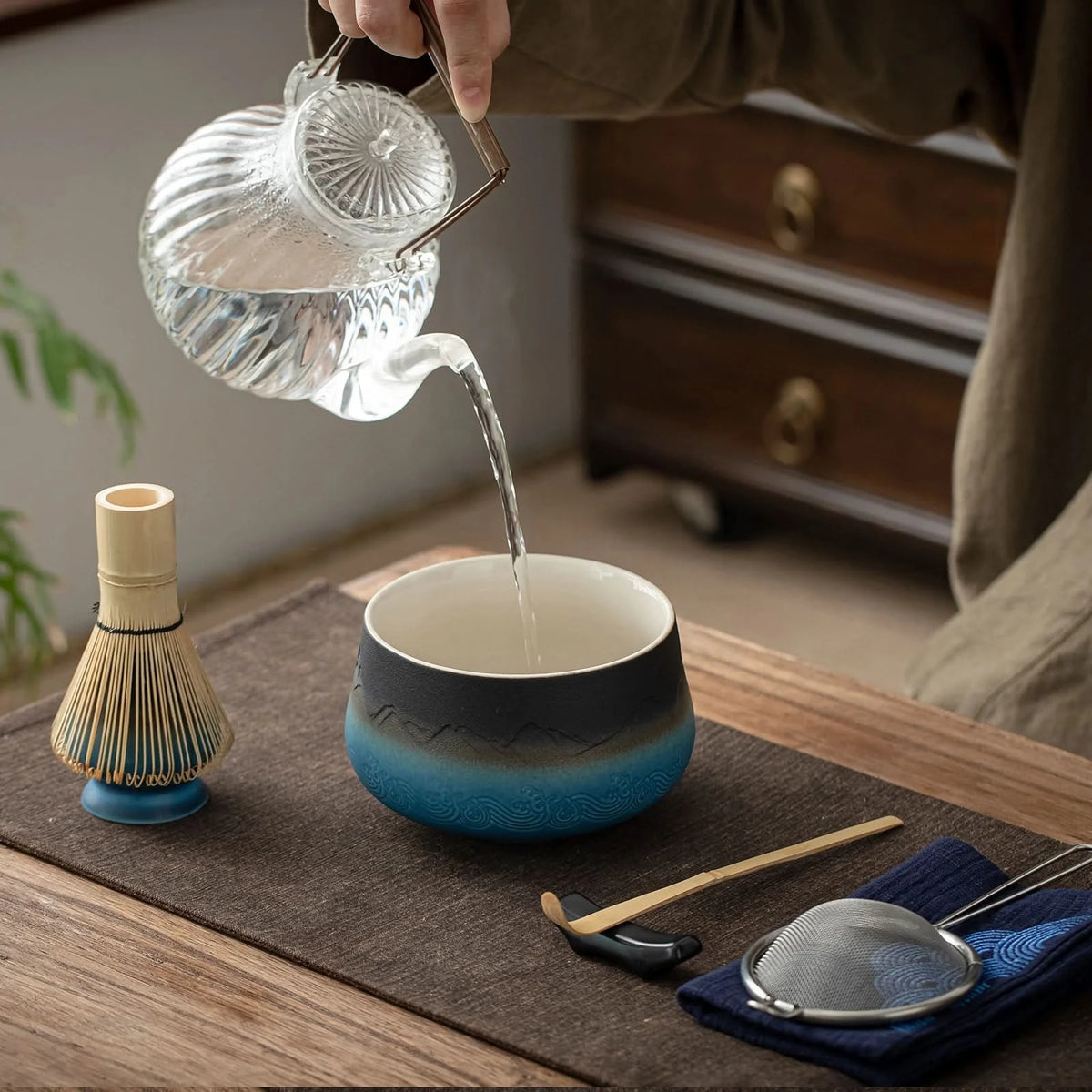 Matcha Set-Beginner Set Landscape Black Blue Round Bowl