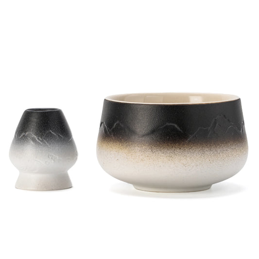 Matcha Bowl with Whisk Holder black white round bowl