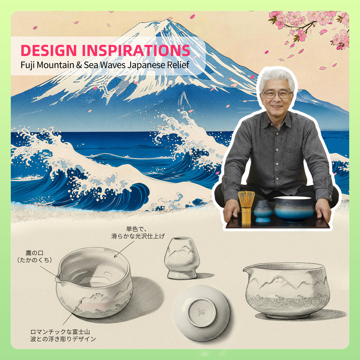 Set de Matcha - Set para principiantes con cuenco puntiagudo con diseño apaisado 