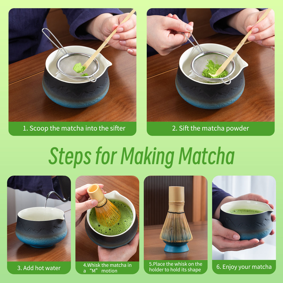 Set de Matcha - Set para principiantes con cuenco puntiagudo con diseño apaisado 