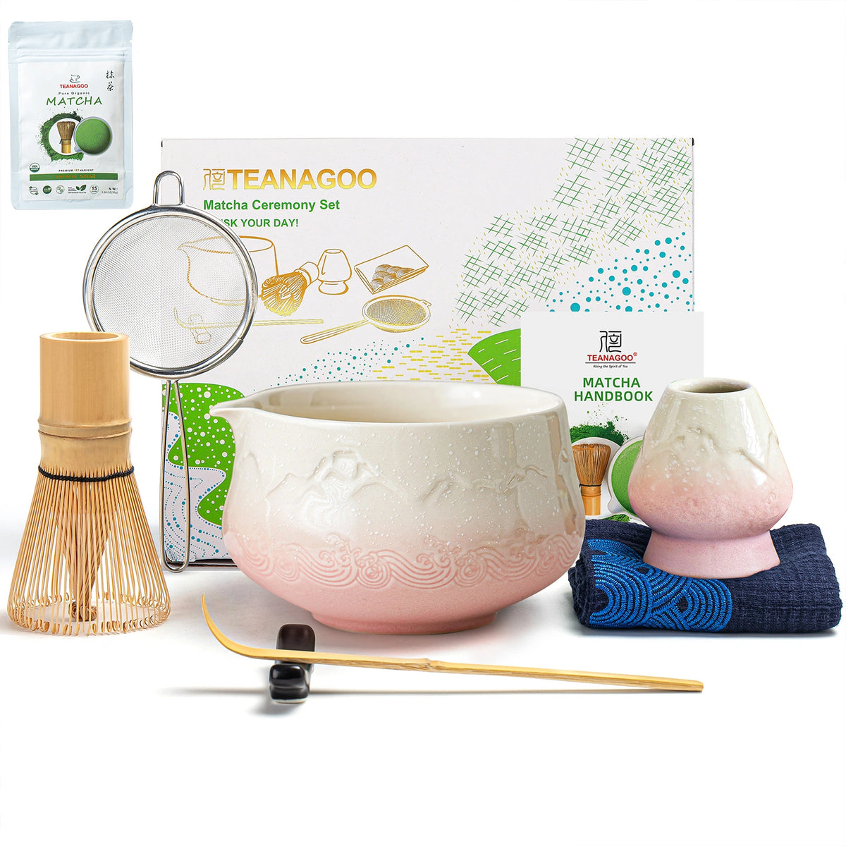 Snow Mountain Pink Matcha-Schale mit Ausgießer