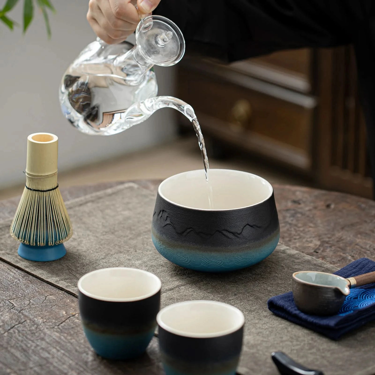 Matcha Set-Sharing Set Landscape Black Blue Round Bowl