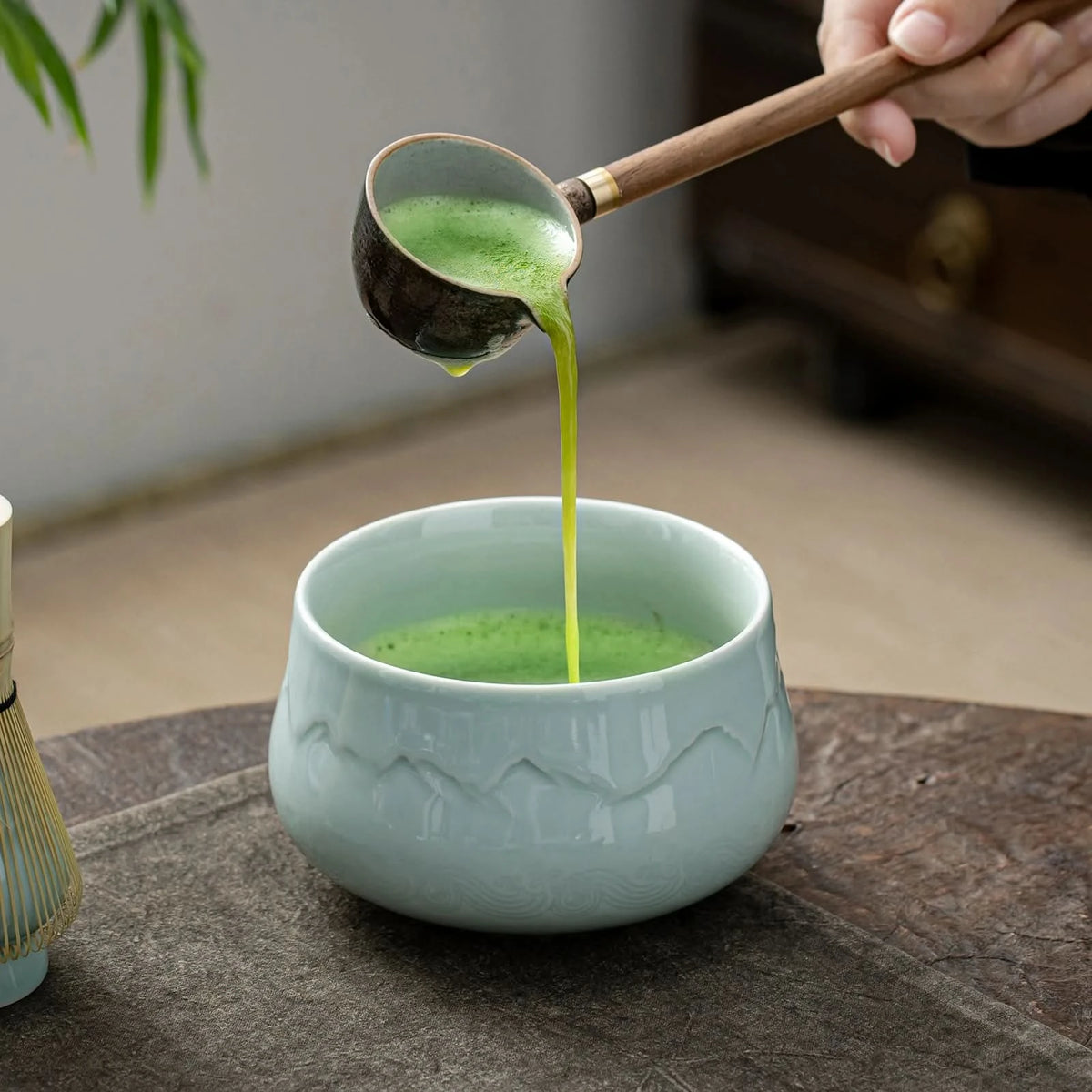 Cuenco redondo de jade con paisaje para compartir juego de matcha 