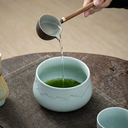 Cuenco redondo de jade con paisaje para compartir juego de matcha 