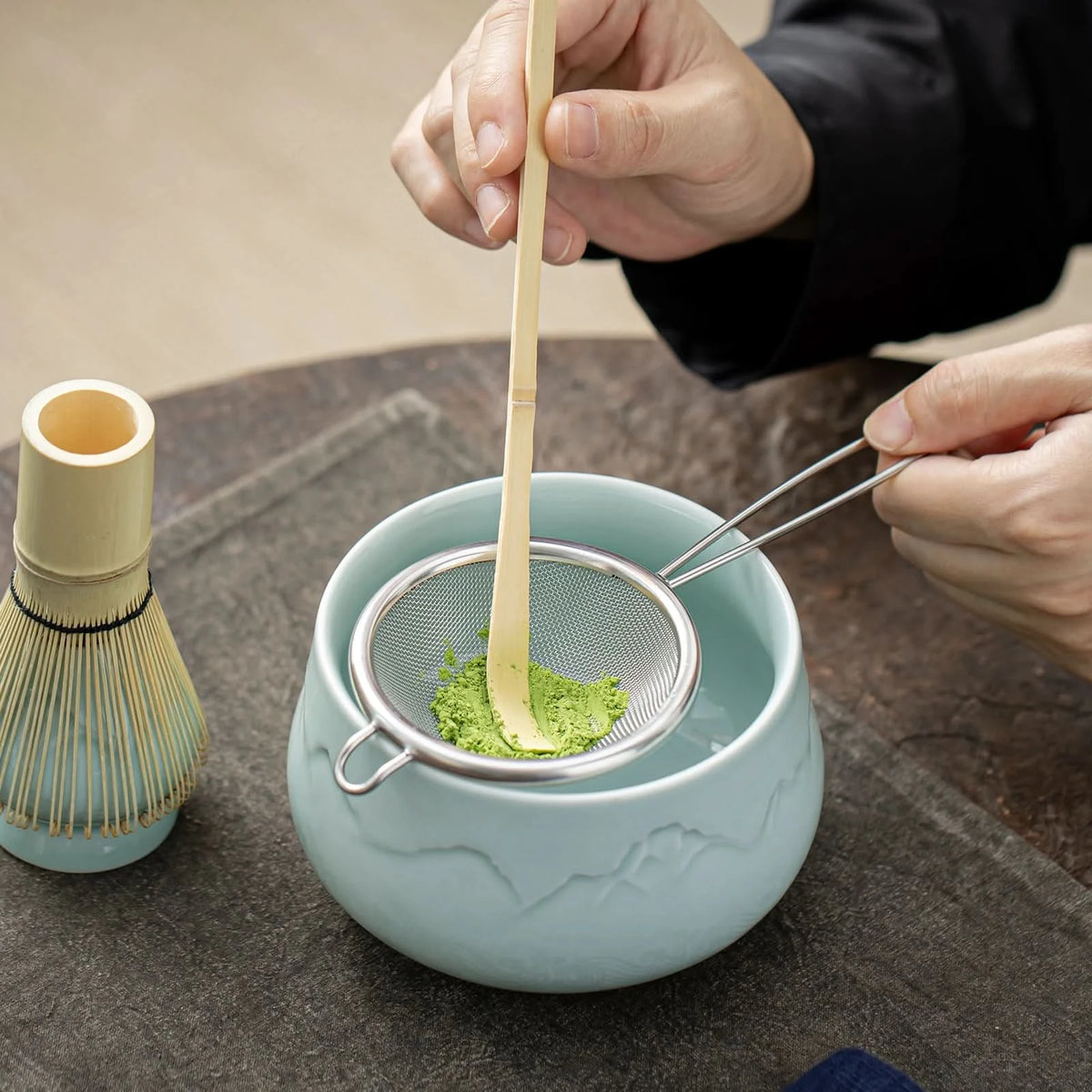 Cuenco redondo de jade con paisaje para compartir juego de matcha 