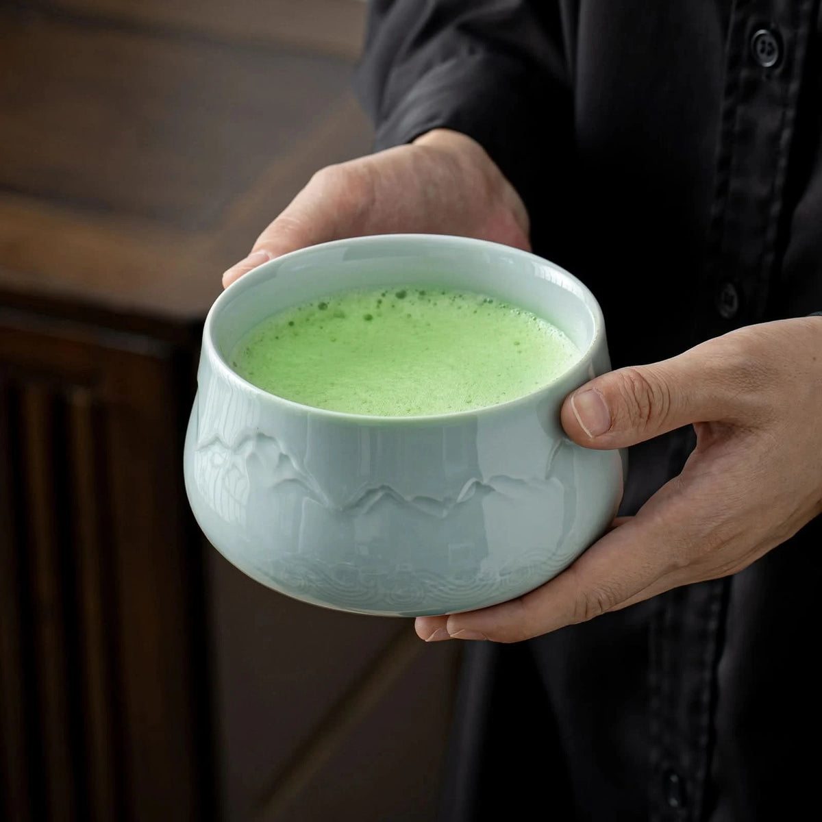Cuenco redondo de jade con paisaje para compartir juego de matcha 
