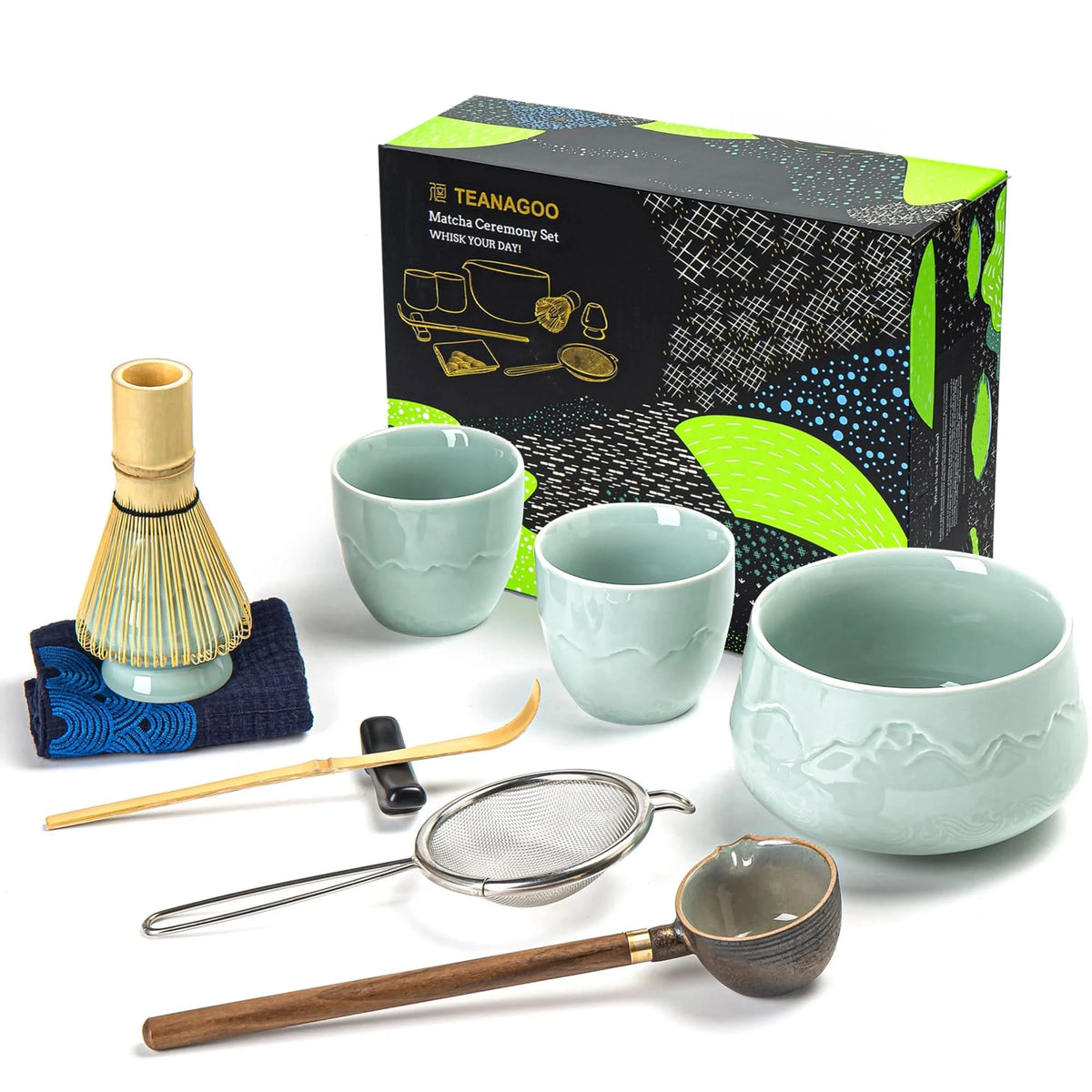 Cuenco redondo de jade con paisaje para compartir juego de matcha 