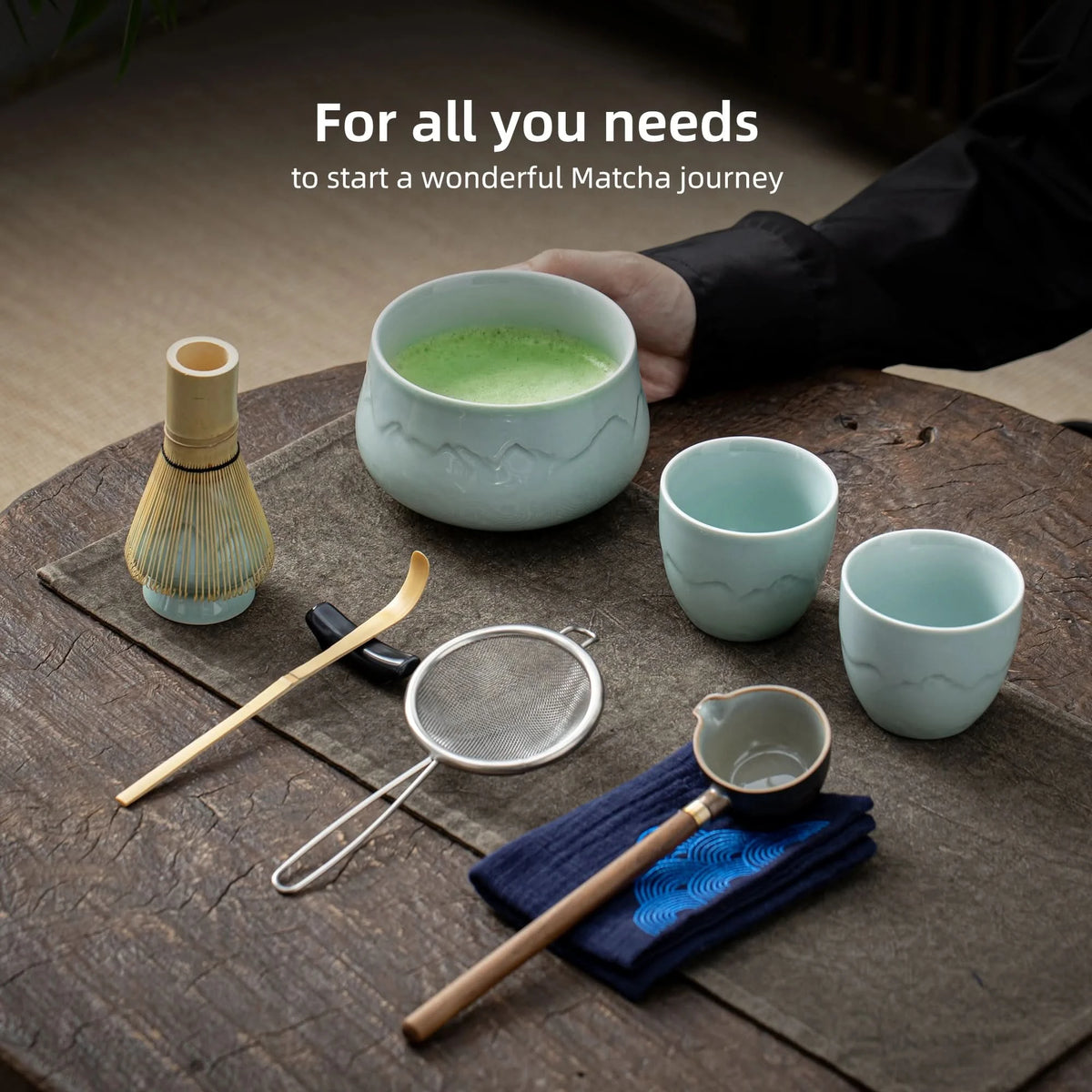 Cuenco redondo de jade con paisaje para compartir juego de matcha 