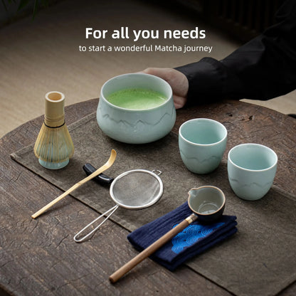 Cuenco redondo de jade con paisaje para compartir juego de matcha 
