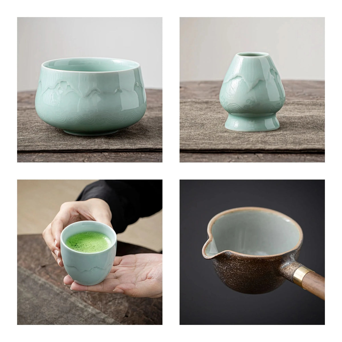 Cuenco redondo de jade con paisaje para compartir juego de matcha 