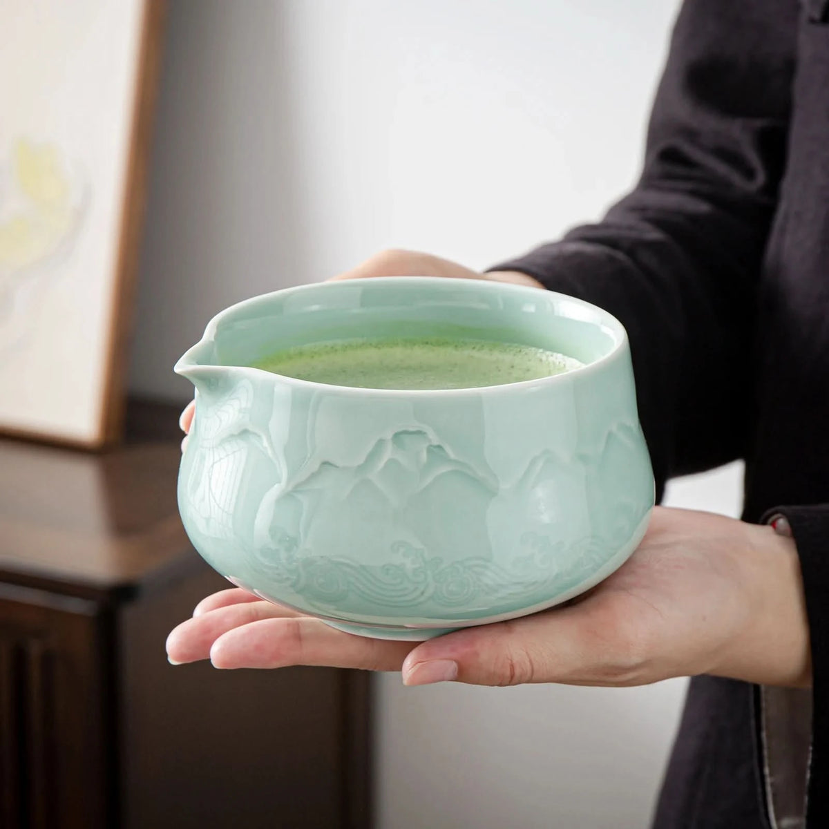 Matcha-Set zum Teilen – Landschafts-Jade-Spitzschale 
