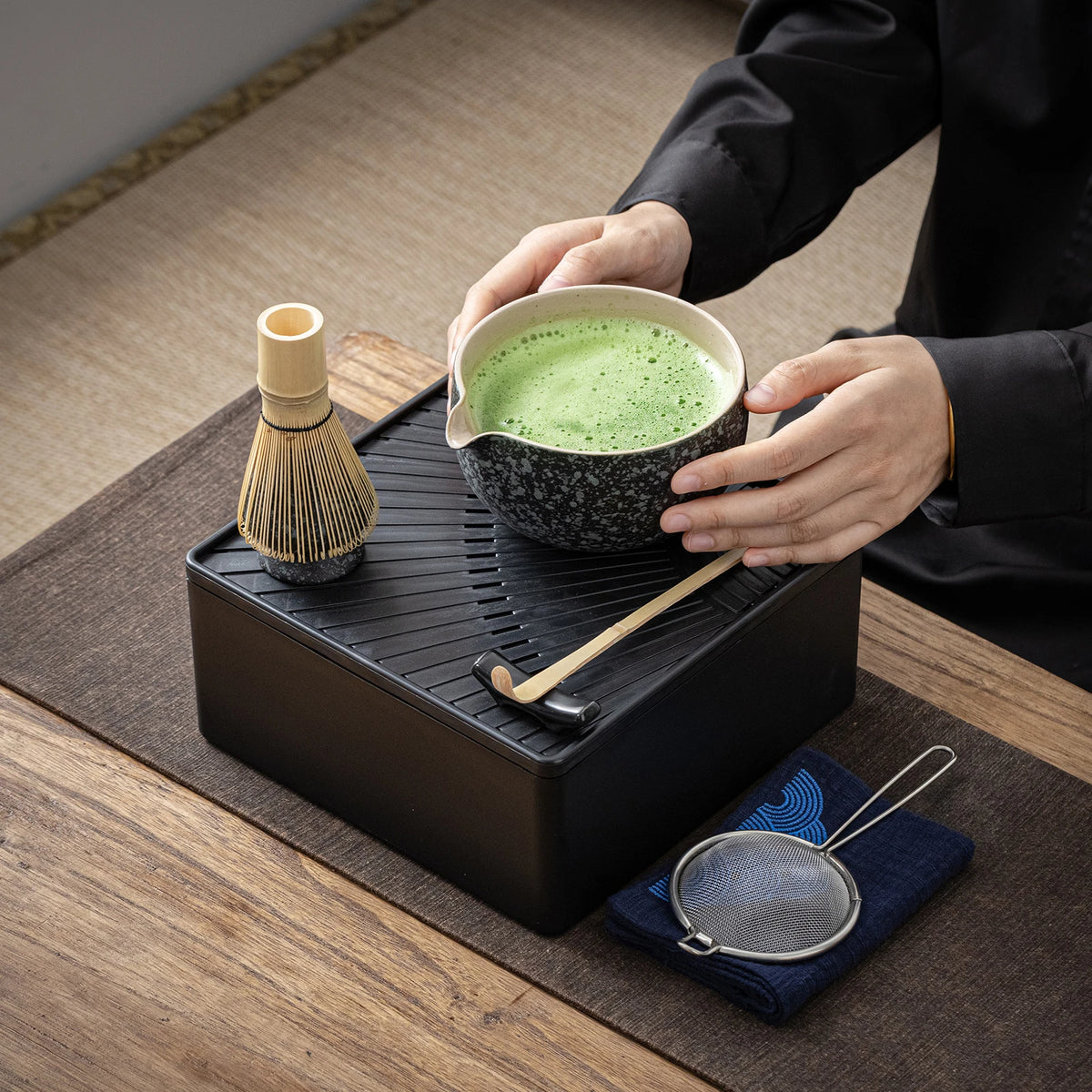 Matcha Set-Beginner Travel Set Obsidian with Leather Bag