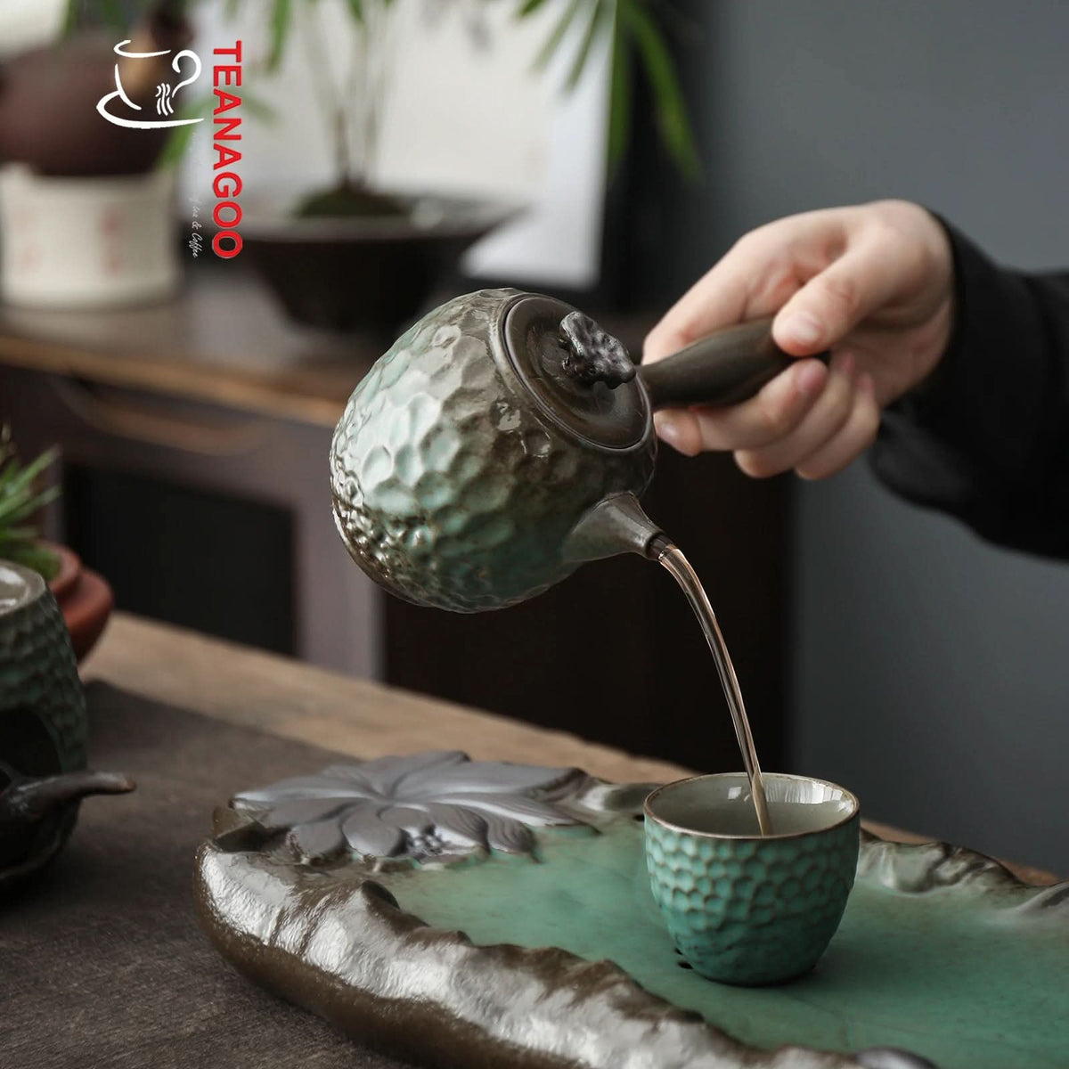Japanese Cyan Glazed Gongfu Teapot Handmade Ceramic Tea ware